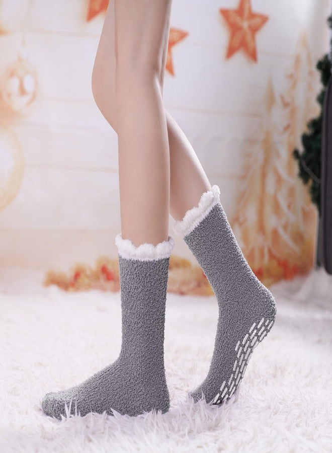 LINEMIN Non Slip Hospital Socks with Grips for Women Cozy Winter Soft Fluffy Grip Slipper Socks (5 Pairs Mix Patchwork) - Image 3